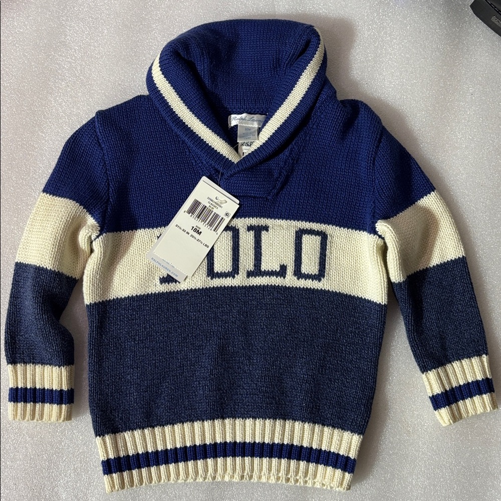 Polo by Ralph Lauren blue and white toddler shawl neck sweater nwt
